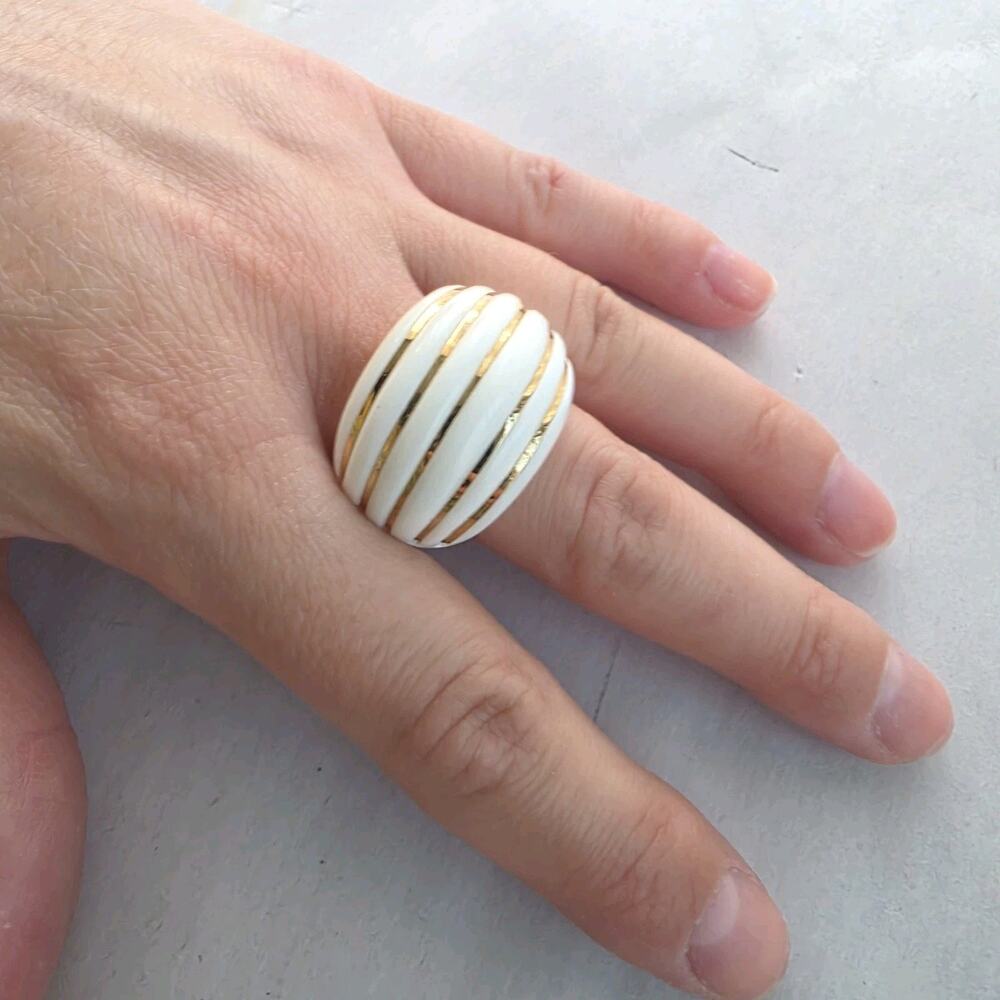 Milor Italy 14k yellow Gold Stripe White‎ Agate Bold Wide Band Ring Signed Sz 10
